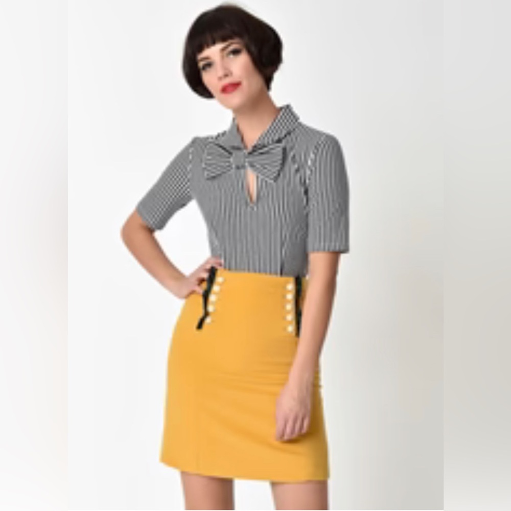 The Moon Mustard Yellow Skirt with Pearl Button & Satin Ruffle Detail. Size M.